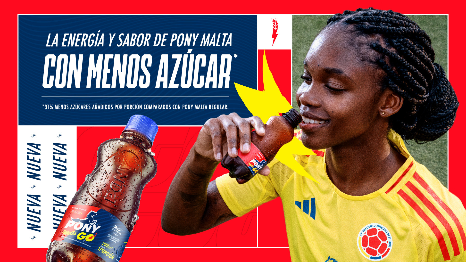Linda Caicedo tomando una Pony Malta GO